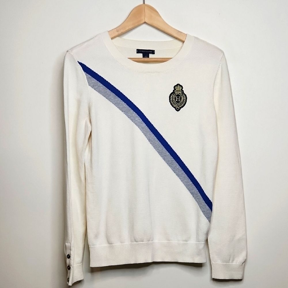 Tommy Hilfiger White Sweater with Blue and Gray Stripes Women's Round Neck